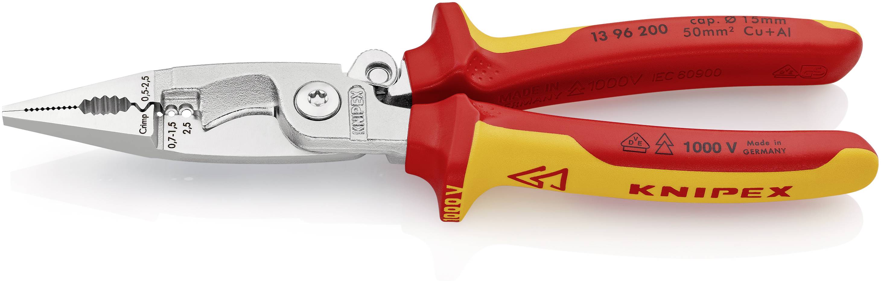 En röd och gul kabelavbitare från Knipex, lämplig för Cu- och Al-kablar upp till 50 mm². Märkt med '1000 V', avsedd för precisionsklipp.