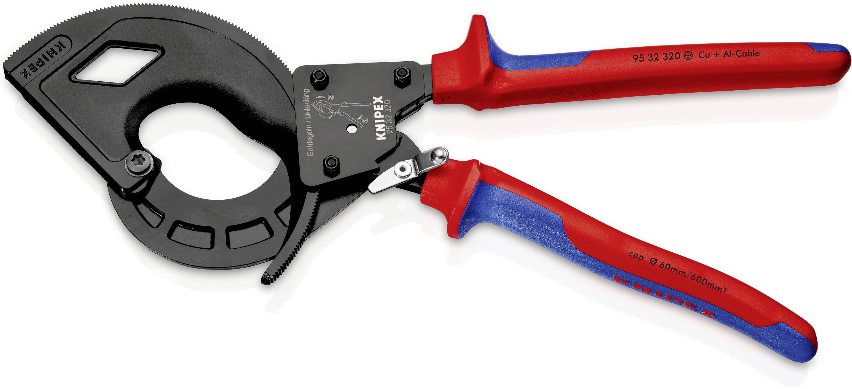 En kabelsax med rött handtag och svart skärhuvud, lämplig för att klippa tjocka koppar- och aluminiumkablar.