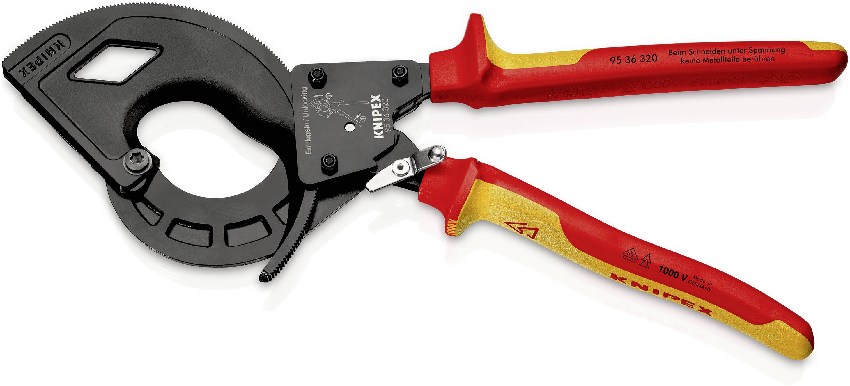 Svart kabelavbitare med röd handtag och gul isolering, från Knipex, lämplig för arbeten på strömförande ledningar.