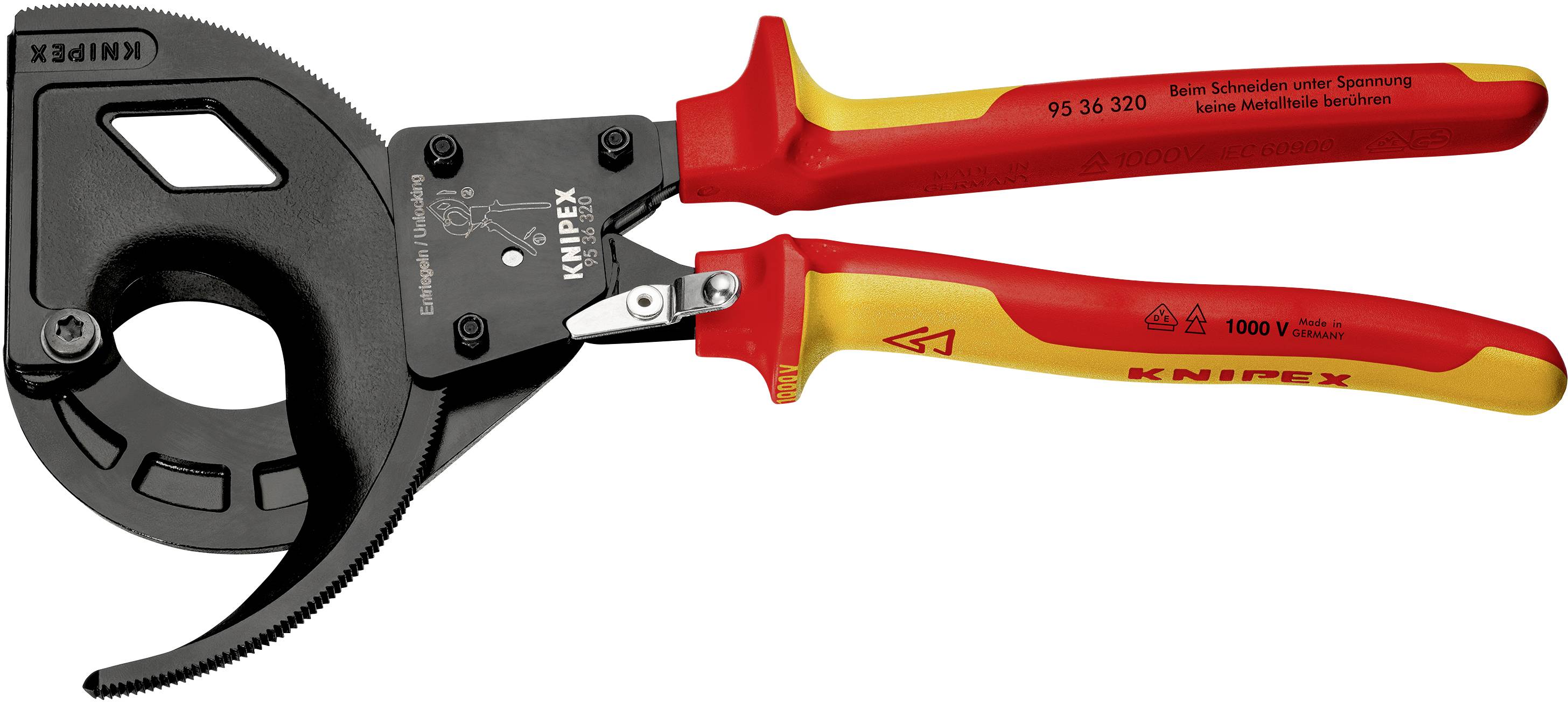 En röd Knipex-kabelsax med isolerade handtag, lämplig för att klippa koppar- och aluminiumkablar.