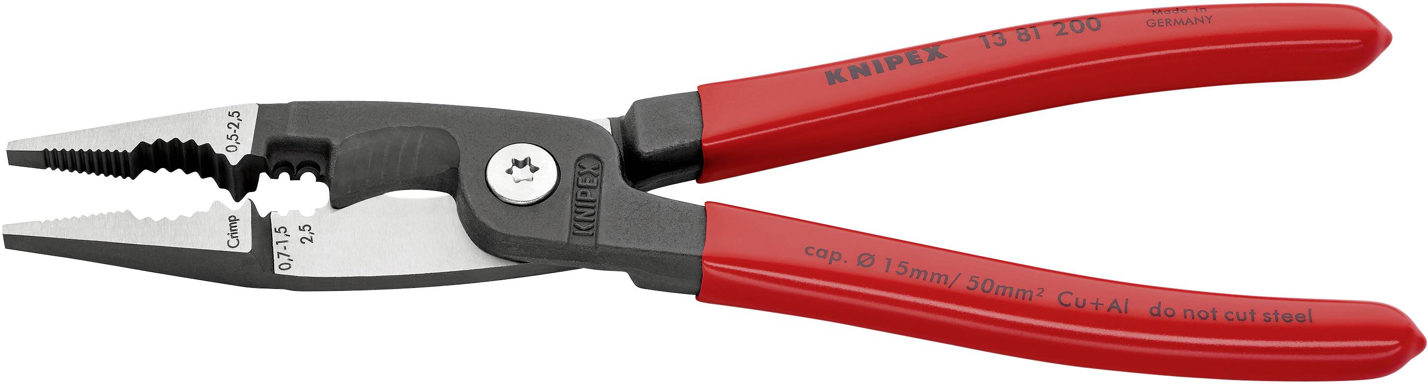 En röd kombinationstång av metall, lämplig för att greppa, klippa och avstripa kablar. Påskrift: 'KNIPEX 10 87 200'.