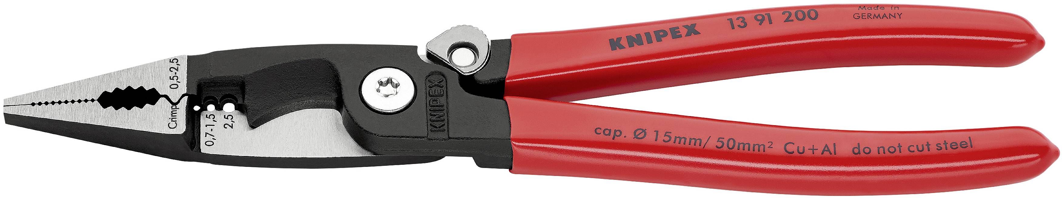 En röd kombinationstång med påskriften 'Knipex 13 91 200', lämplig för kablar med diameter upp till 15 mm och ledare upp till 50 mm².
