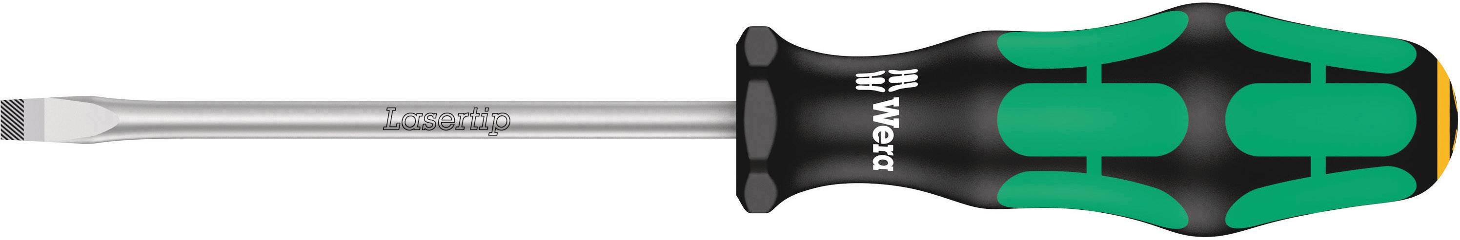 Platt skruvmejsel med ergonomiskt handtag, designad i grönt och svart, varumärkesnamn på handtaget.