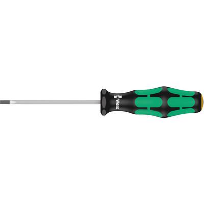 En platt skruvmejsel med svart och grön ergonomisk skaftdesign, lämplig för elarbeten.