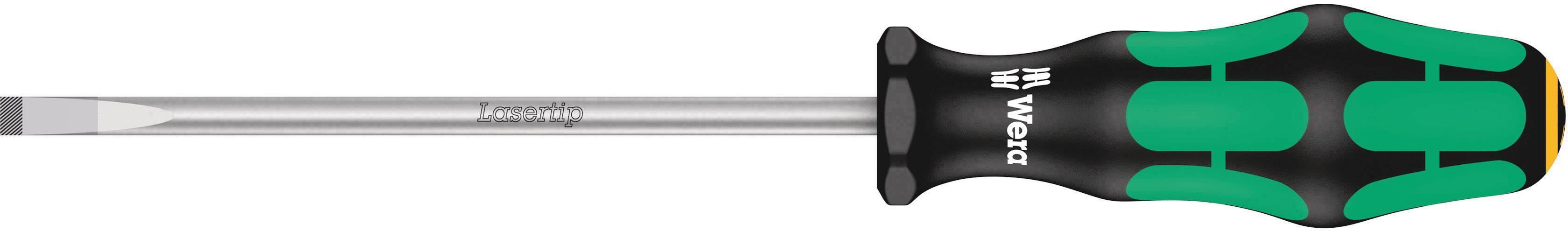 Skruvmejsel med grön-svart, ergonomiskt handtag och flat klinga, lämplig för enkla skruvningsarbeten. Varumärkets logotyp synlig.