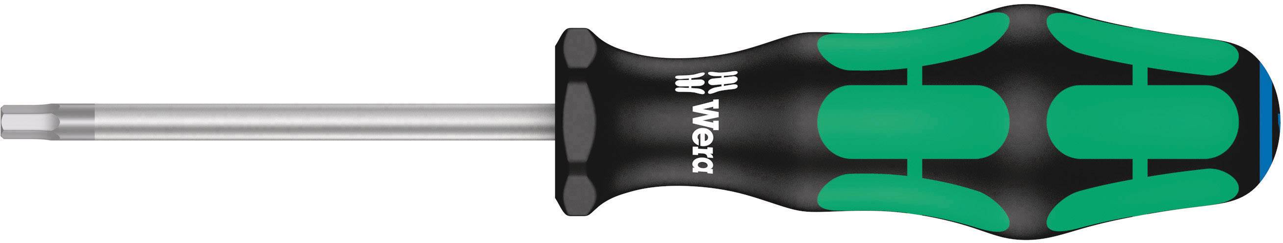 Skruvmejsel med svart handtag och gröna detaljer, silvrig metallskruvspets, Wera-logotyp på handtaget.