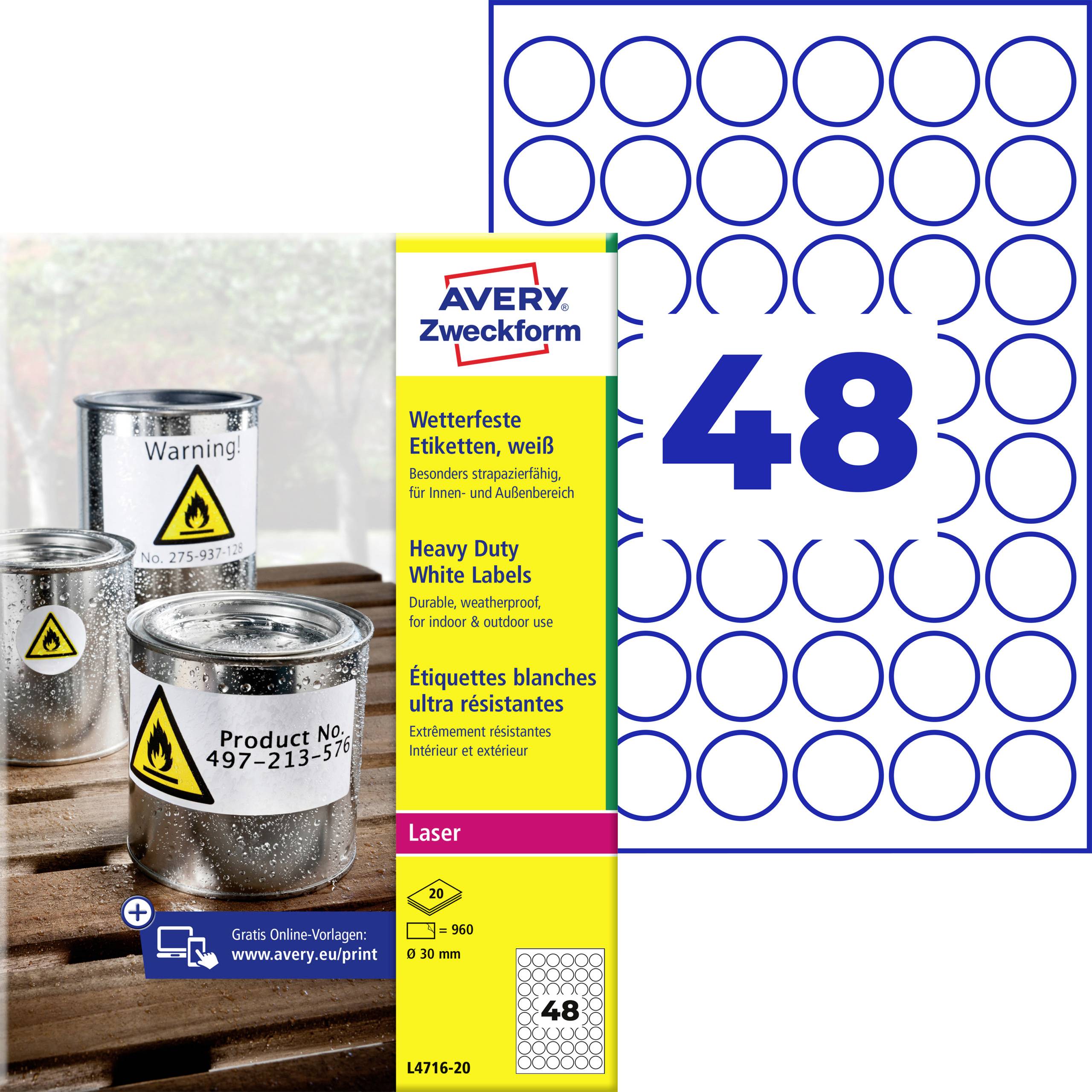 Avery Zweckform laseretikett, storlek 48, med ett 48-cirkel arkformat och produktförpackning som visar vita tunga etiketter för varningsburkar.