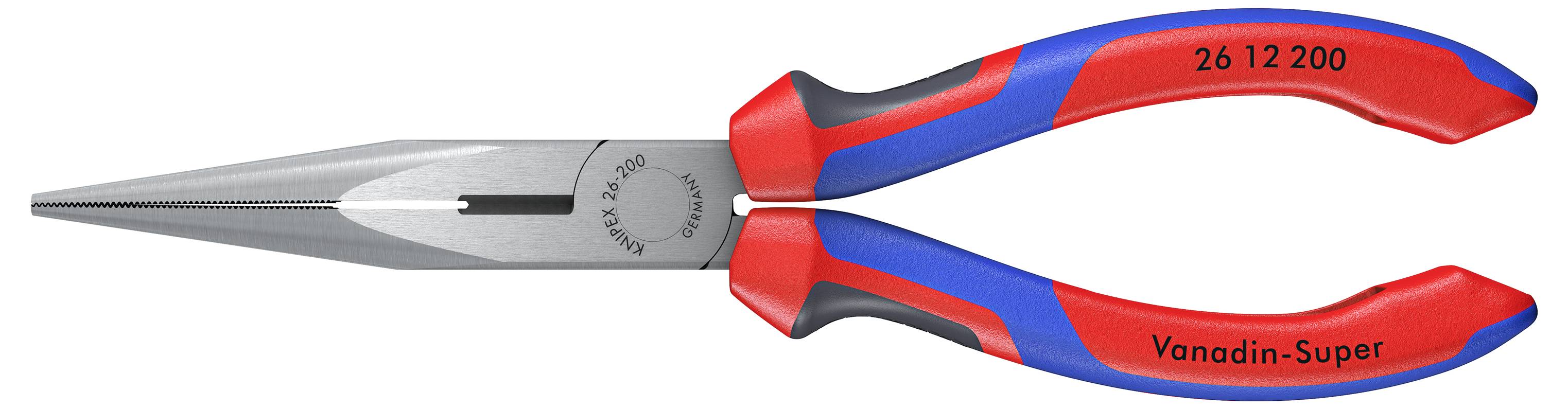 En blå-röd spetsavbitare med lång spets och isolerade handtag, märkt med 'Vanadin-Super'. Lämplig för precisionsarbeten.