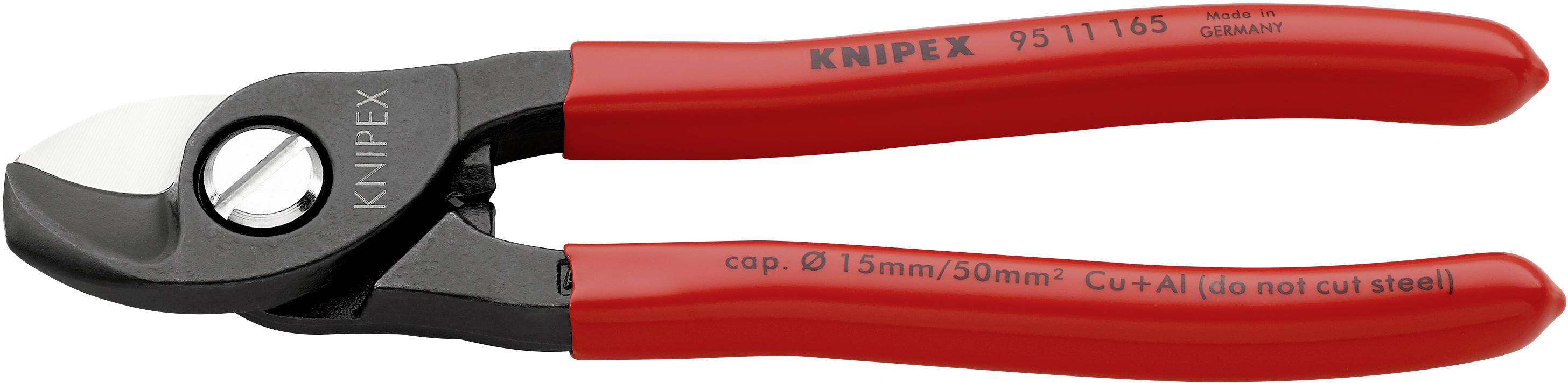 Röd kabelsax med texten 'KNIPEX' på handtaget och bladet, lämplig för koppar- och aluminiumkablar upp till 15 mm diameter.