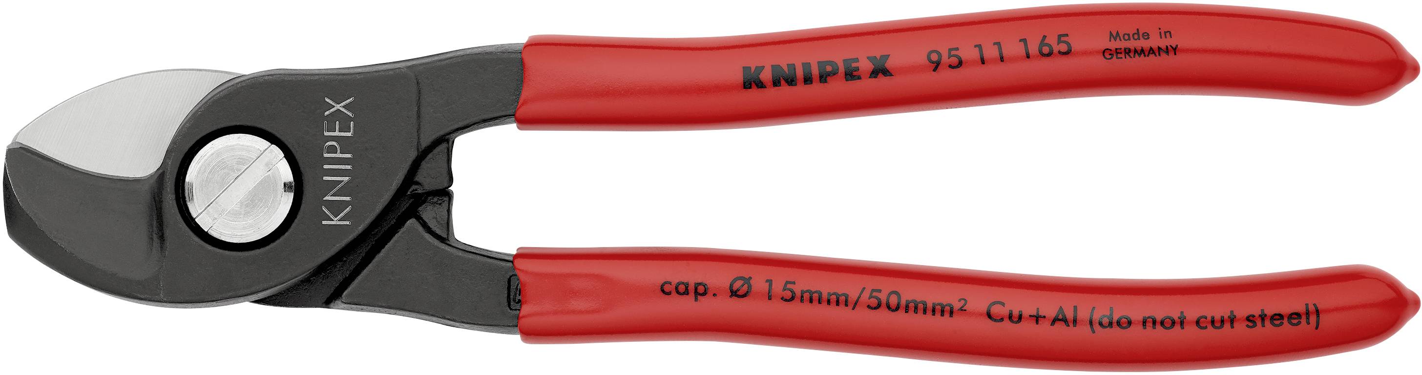 Röd Knipex kabelsax från Tyskland, modellnummer 95 11 165, lämplig för koppar- och aluminiumkablar upp till 15 mm diameter.