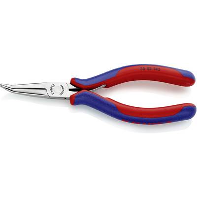 En böjd spetsig tång med röda och blå handtag, tillverkad av Knipex.