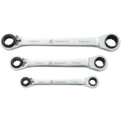 En uppsättning med tre silverratchetnycklar från 'Toolcraft', med storlekar: 16-19 mm, 12-15 mm och 8-11 mm.