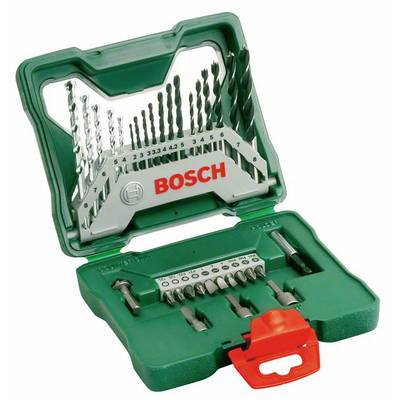 En grön verktygslåda från Bosch med olika borrar och bits. Borrarna är ordnade efter storlek.