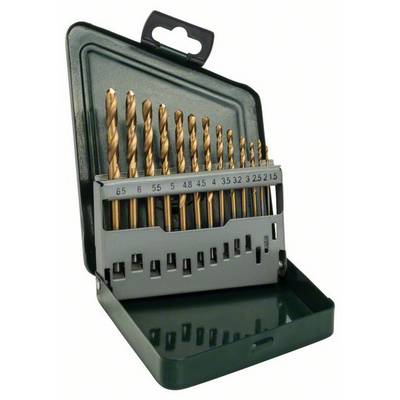 Borrsats i grönt etui, bestående av tio borrar i olika storlekar, från 1,5 till 6,5 mm, noggrant sorterade i hållare.