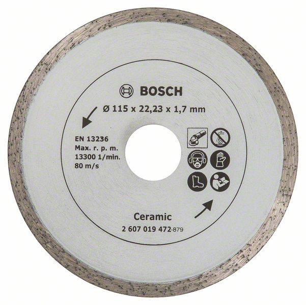 Runde Bosch-diamantkapskiva för keramik, 115 mm diameter. Märkt med tekniska specifikationer och säkerhetssymboler.