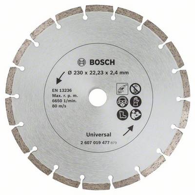 Diamantkapskiva med Bosch-logotyp; Ø 230 x 22,23 x 2,4 mm; Max. 6650 varv/min, 80 m/s; Symboler för skyddsutrustning; Universell användning.