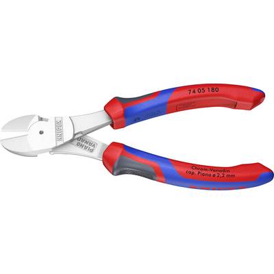 En blå och röd Knipex sidavbitare tillverkad av krom-vanadin-stål, lämplig för pianotråd upp till 2,2 mm diameter.