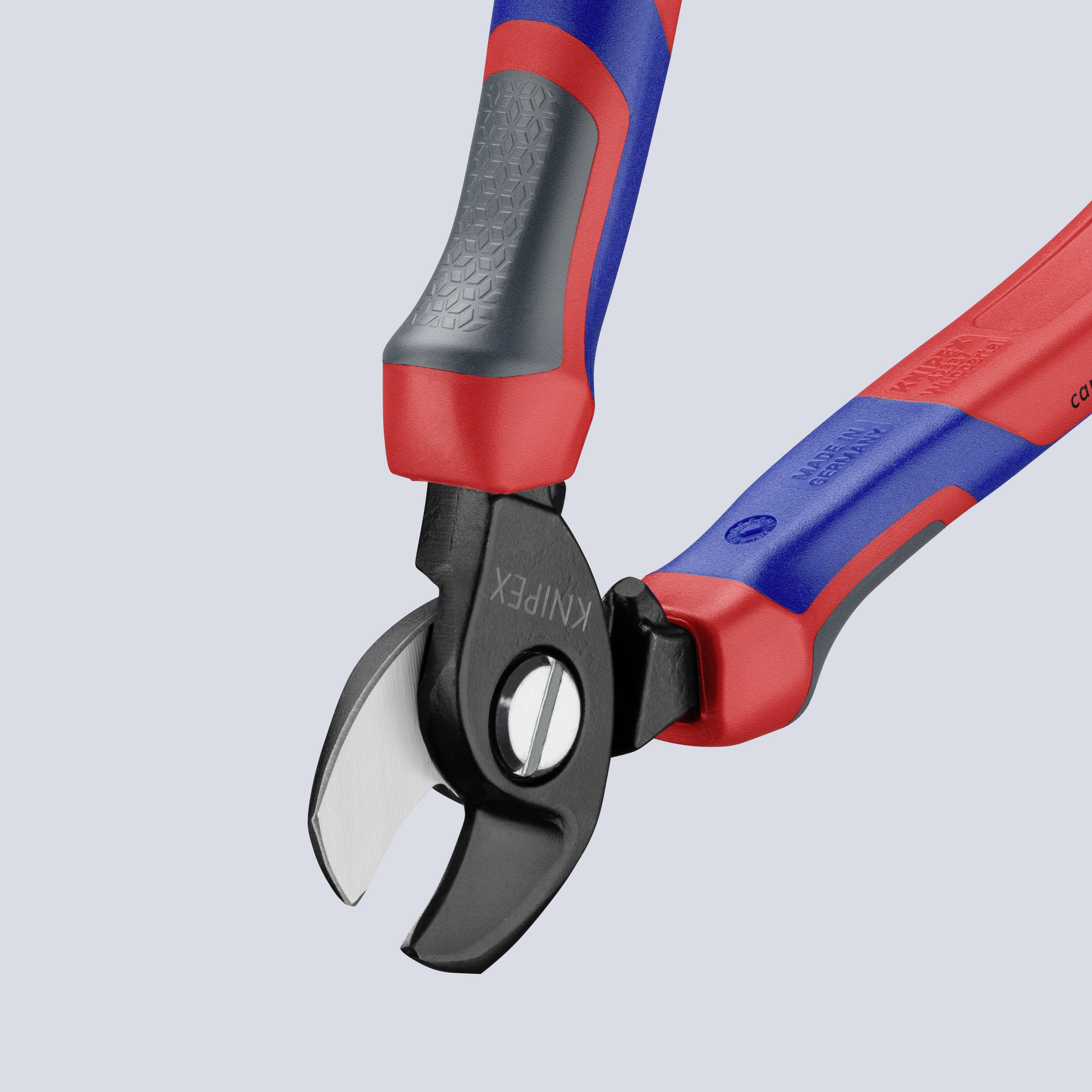 Avbitare med blå och röda handtag, lämpliga för trådklippning. Verktyg tillverkat av robust material, ergonomiskt utformat.