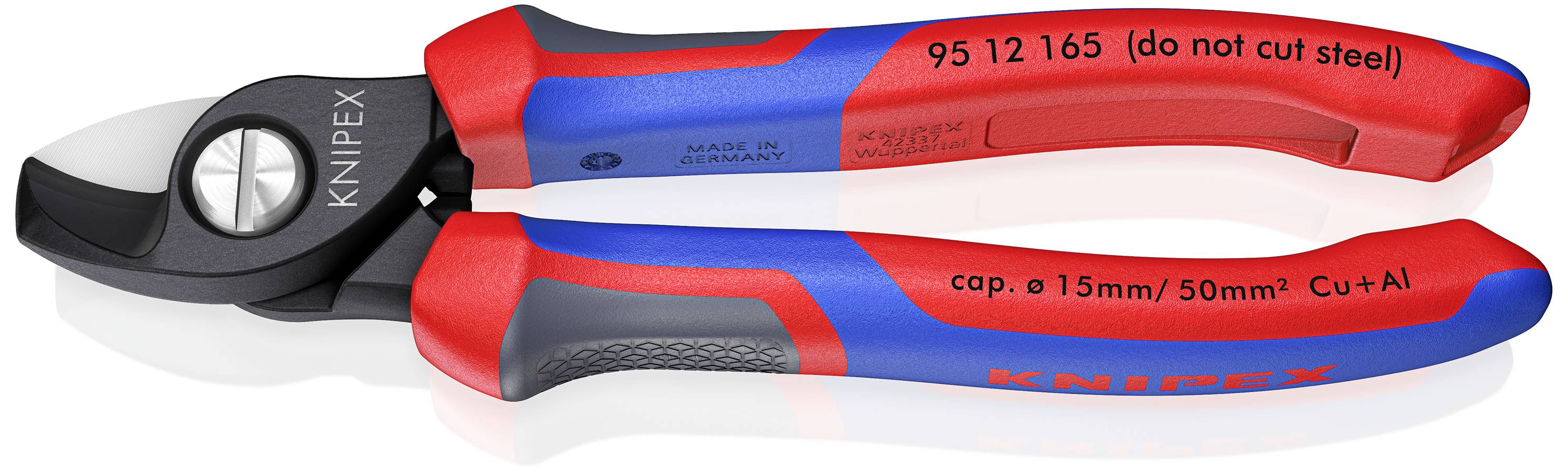 Två röda och blå Knipex-kabelsaxar märkta '95 12 165 (får ej klippas i stål)', lämpliga för koppar och aluminium.