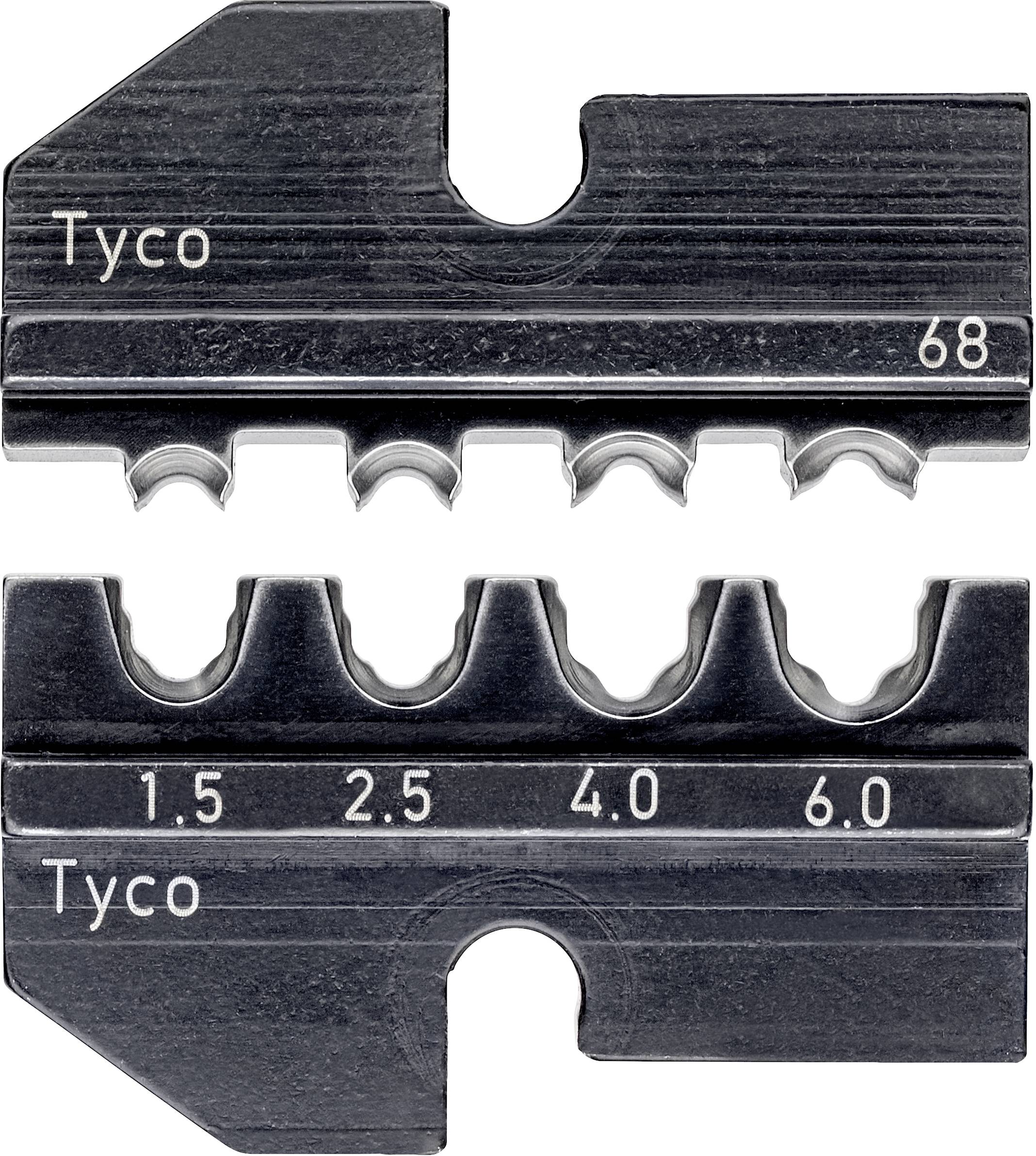 Två metalliska krimptänger för kablar: Ovanpå präglade med 'Tyco' och '68', nedtill med 'Tyco' och siffrorna 1.5, 2.5, 4.0, 6.0.