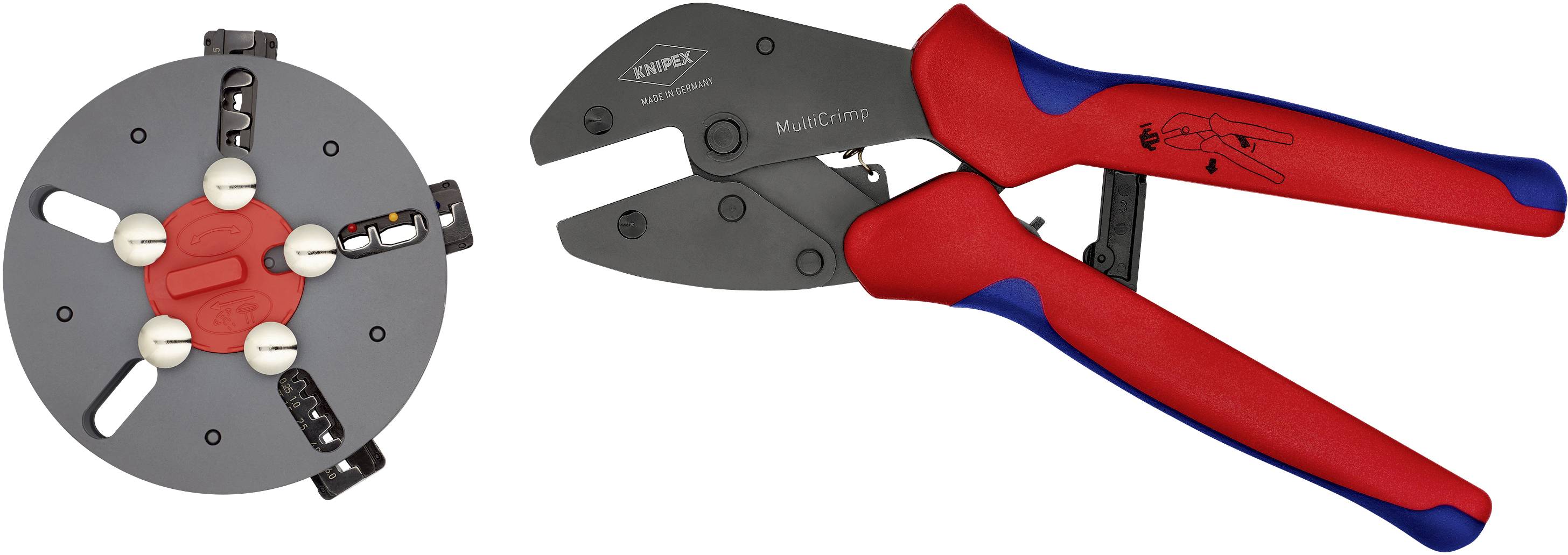 En röd och blå crimptång från märket 'KNIPEX' bredvid ett grått crimptillbehör med flera anslutningsplatser.
