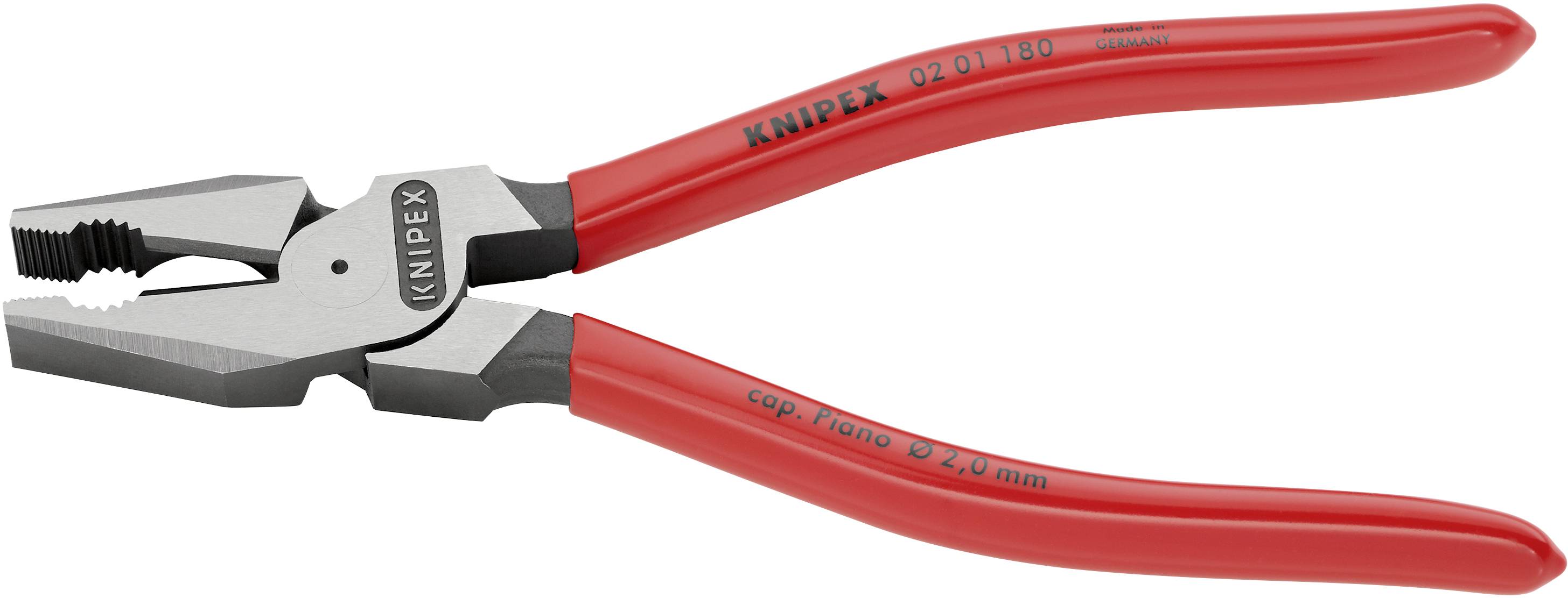 En röd kombinationstång med böjda handtag där 'KNIPEX' står tryckt. Huvudverktyg med tandade käftar för att greppa och klippa.