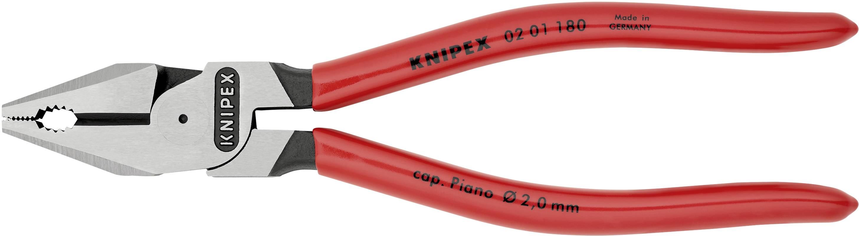 Röd avbitartång med svart handtag och märkning 'Knipex', lämplig för kapning av trådar upp till 2,0 mm; sidograverats.
