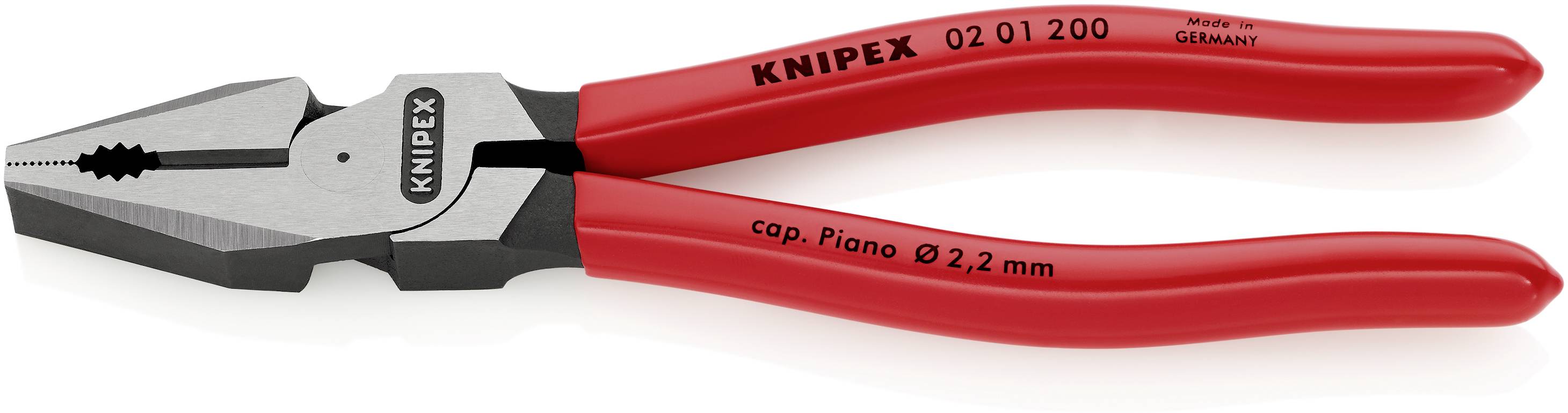 En röd kombinationstång med grå käft. Lämplig för att greppa, klippa och böja tråd. Tillverkad av Knipex.