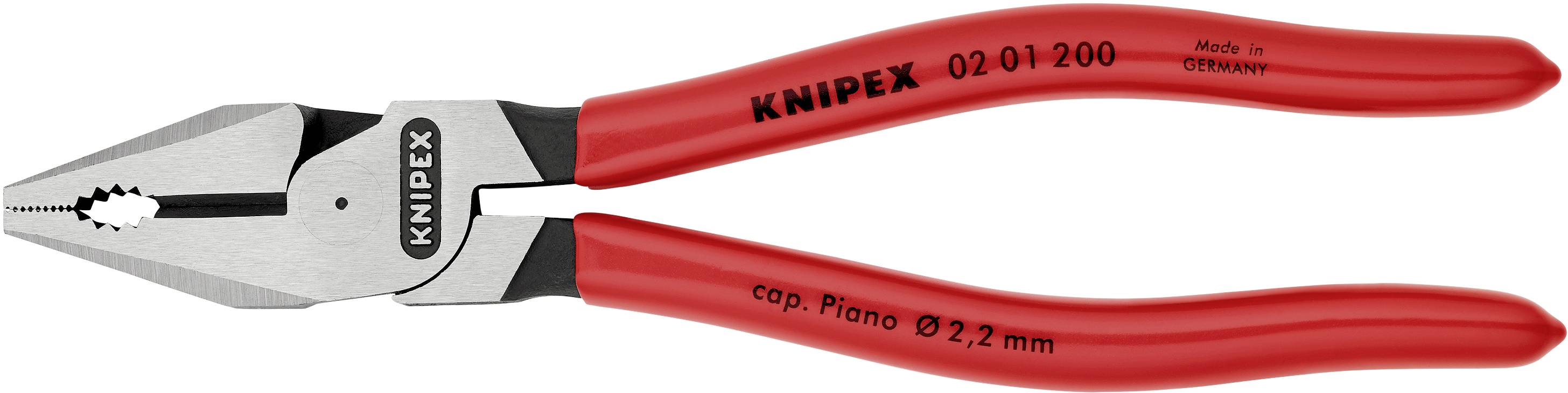 En röd kombinationstång från märket Knipex, lämplig för pianotråd upp till 2,2 mm.