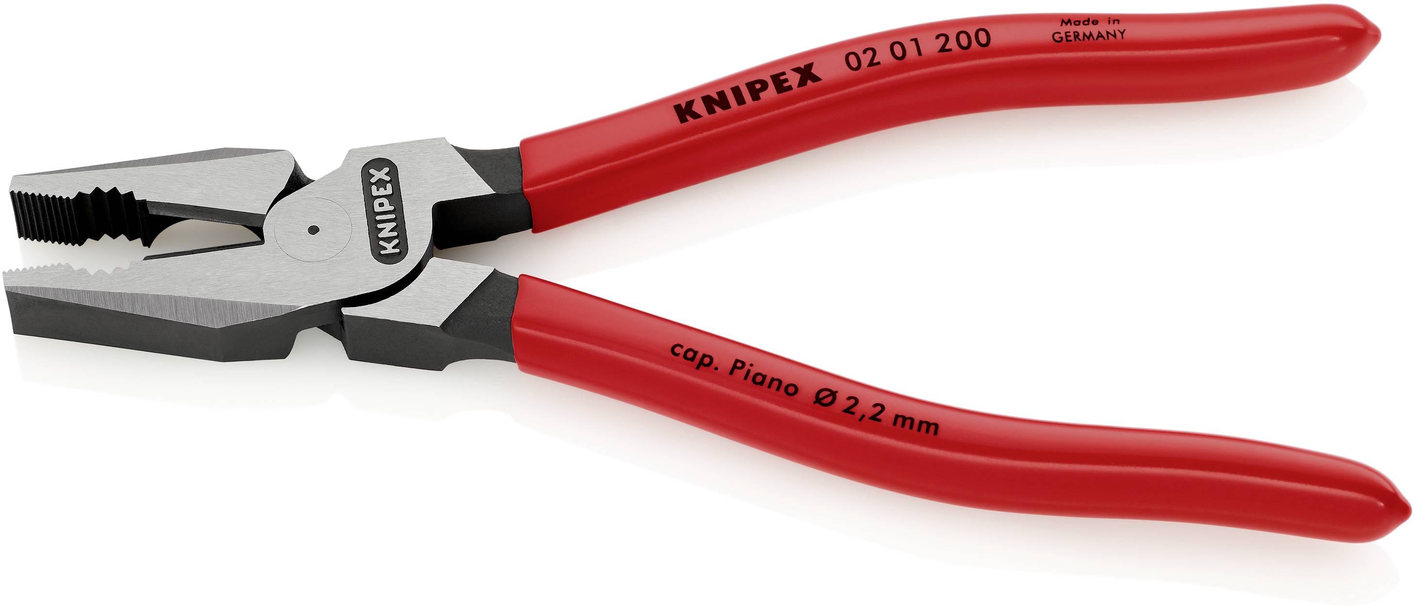 En röd plattång med svart handtag från märket Knipex. Den har en halksäker yta och är lämplig för precist grepp.