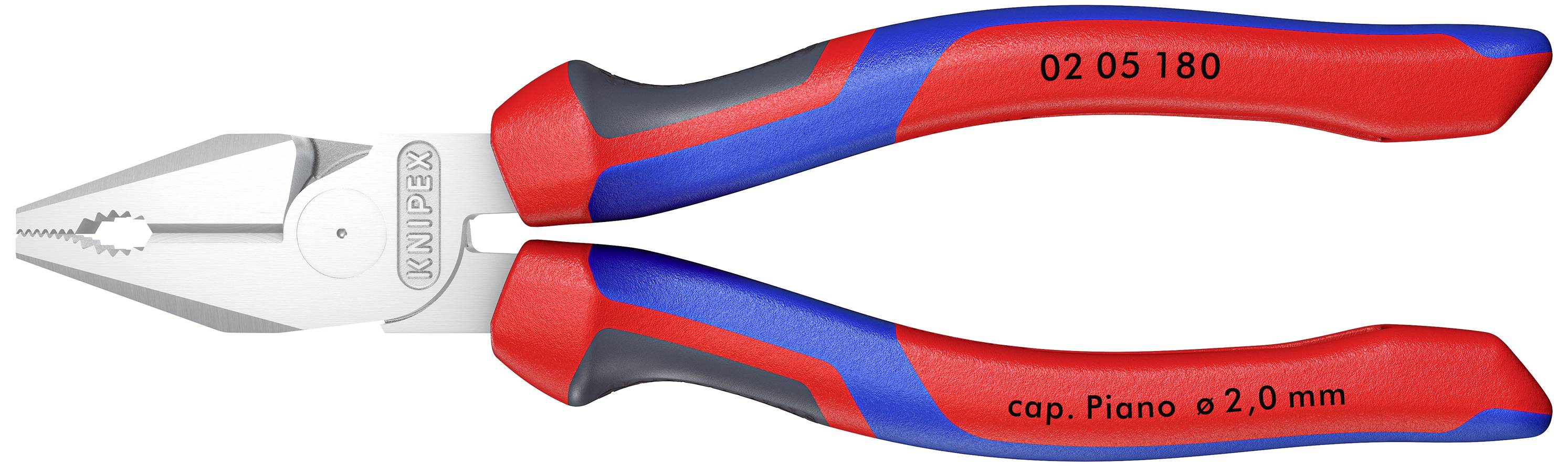 En röd och blå kombinationstång från Knipex. Modell- och storleksuppgifter är tryckta på handtagen.