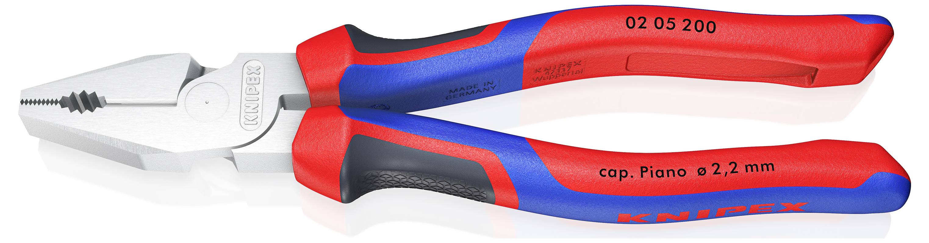 En röd-blå kombinationstång med inskriften 'Knipex' på handtaget, lämplig för att klippa trådar upp till 2,2 mm i diameter.