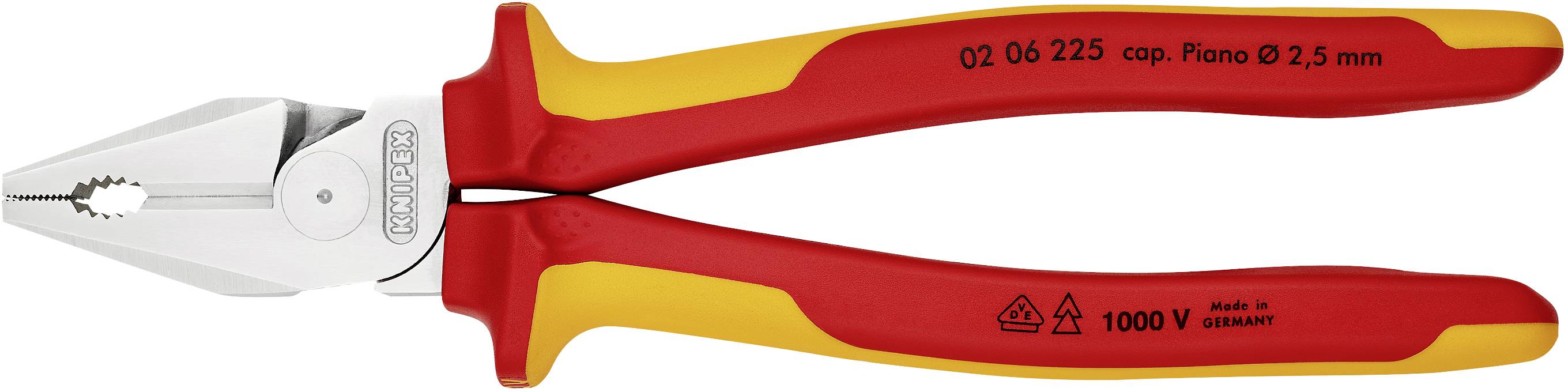 En röd och gul sidavbitare med isolerade handtag, lämplig för arbeten upp till 1000 volt.