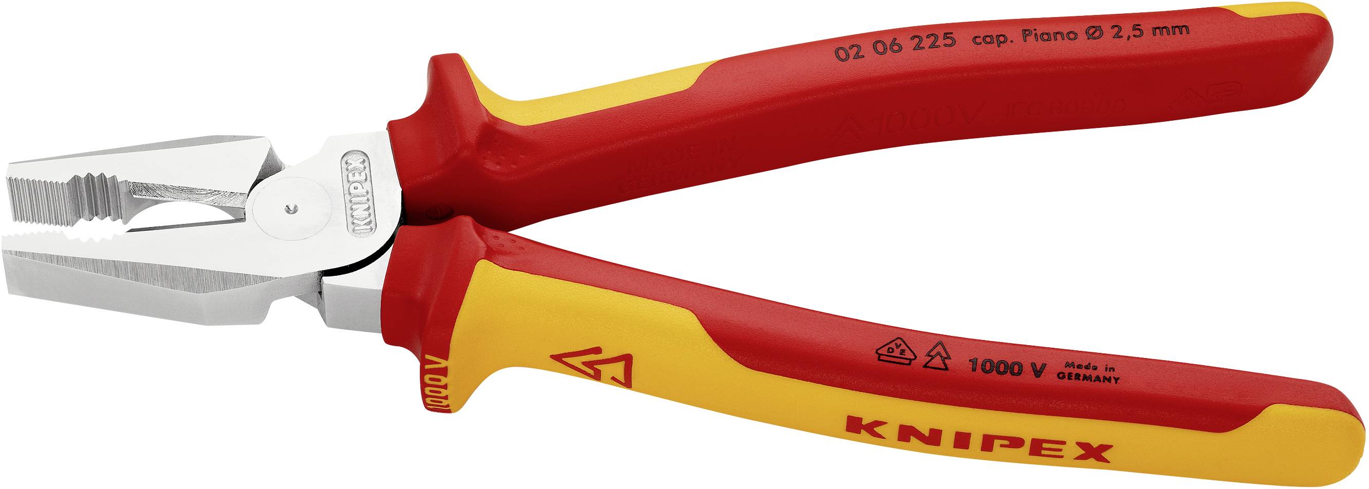 En röd och gul tång från märket Knipex, lämplig för elarbeten upp till 1000 volt, med isolerat handtag och härdad skärande del.