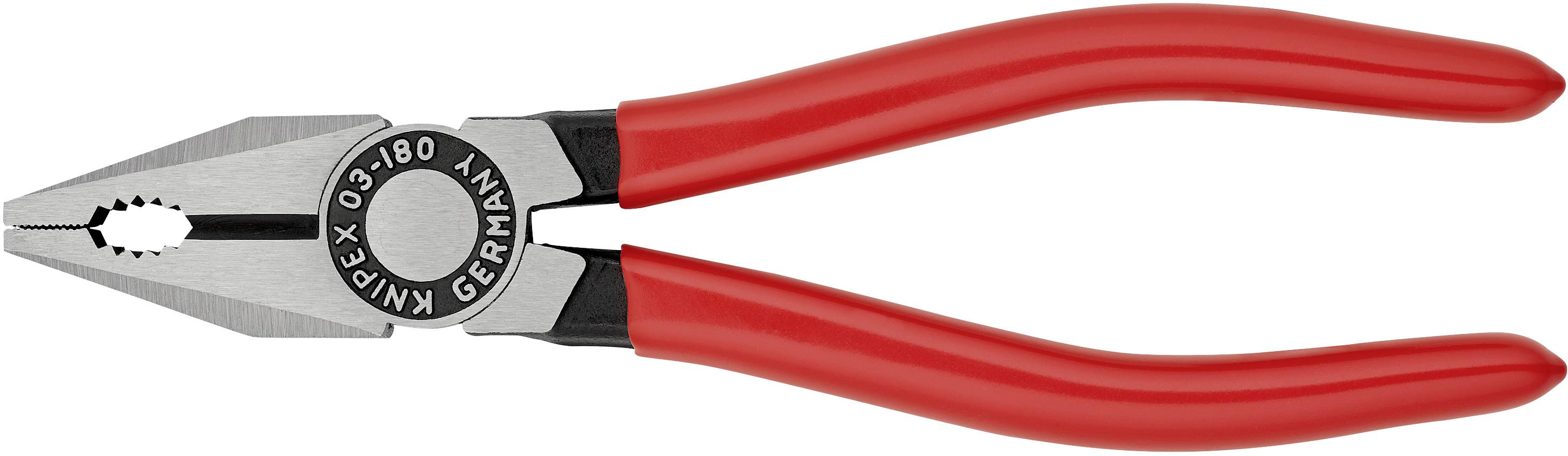 En tång med röda handtag och metalliska käftar, lämplig för att gripa och klippa trådar eller andra material.