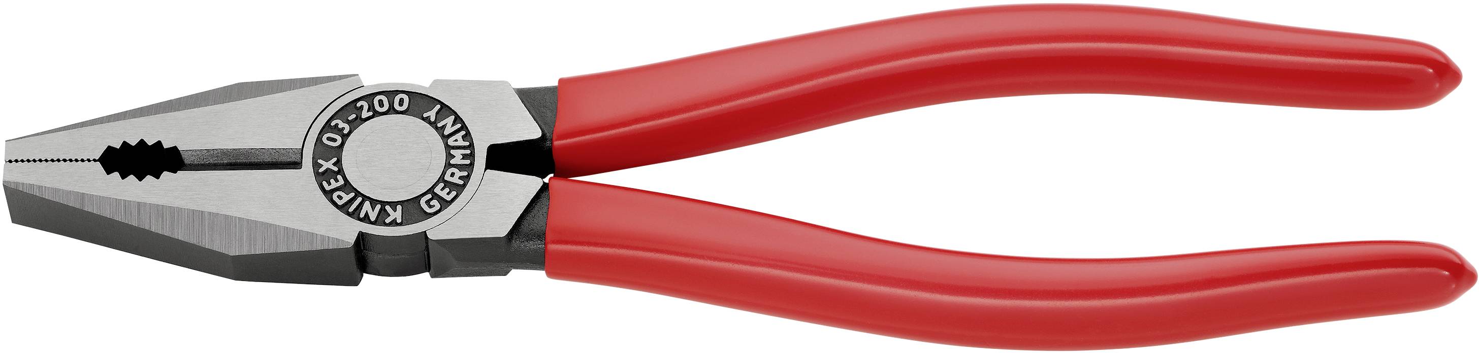 En röd kombinationstång i stål med gummerade handtag, lämplig för att greppa och klippa trådar.