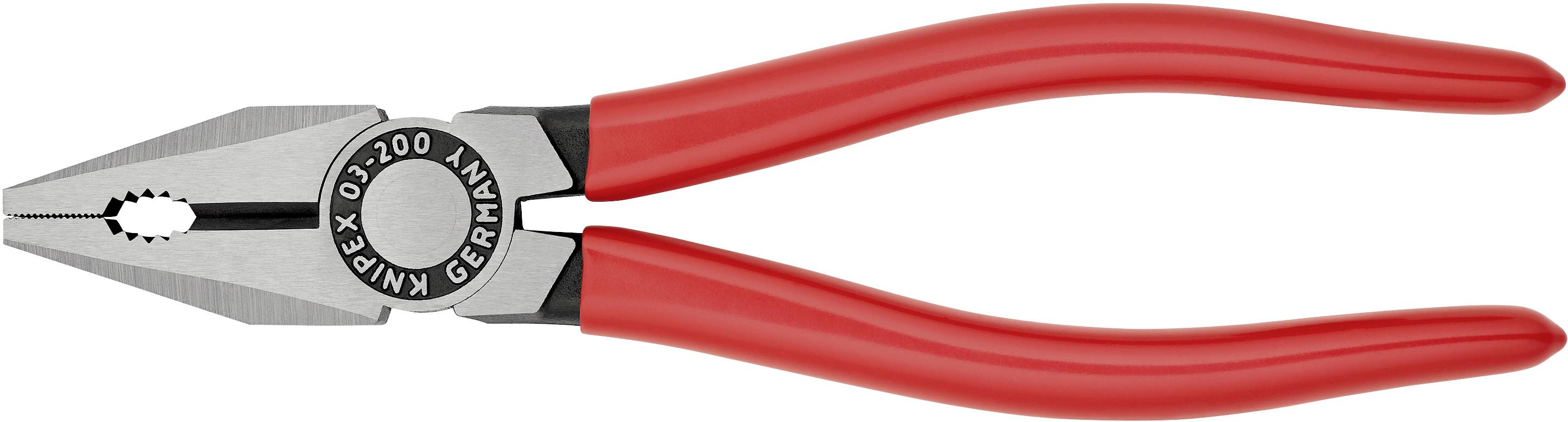 Röd kombinationstång med metallkäftar och text 'KNIPEX GERMANY'. Den används för att gripa och klippa.