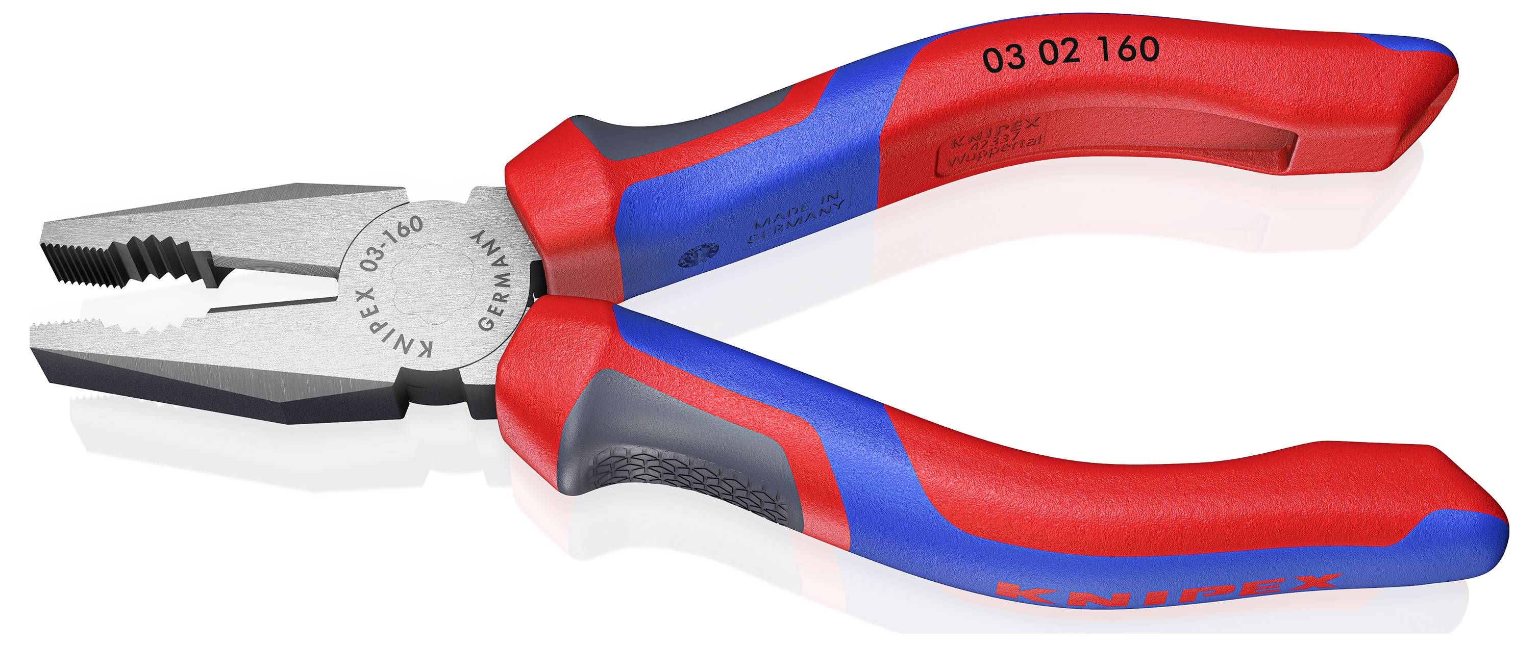 En avbitartång med röd och blå handtag, modell Knipex 03 02 160, ligger på en vit yta och visar detaljer av den tandade greppytan.