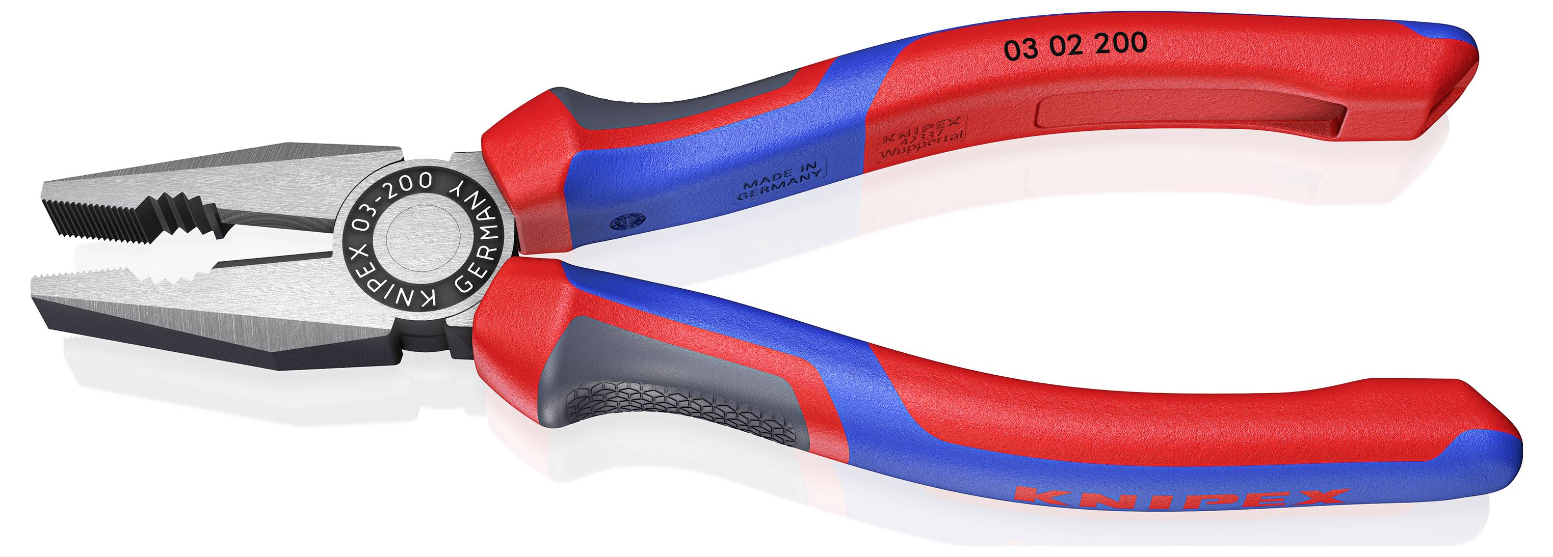 Kombinationstång med röda och blå handtag, lämplig för grepp och klippning. Text 'Knipex' och serienummer på verktyget.