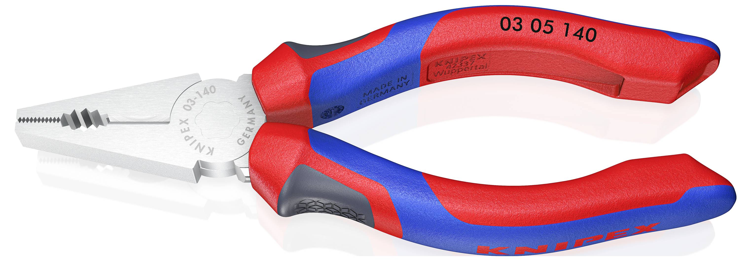 Röd och blå kombinationstång från KNIPEX med räfflat griphuvud och sidavbitare, liggande på vit bakgrund.