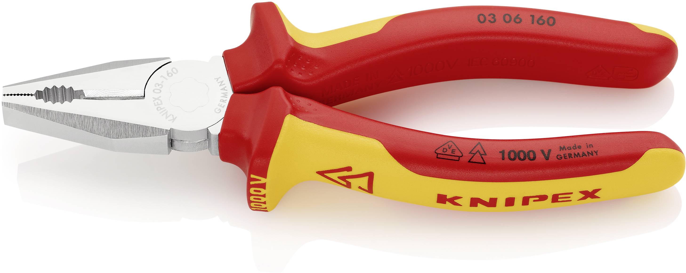 En röd och gul kombinationstång från märket Knipex, tillverkad av isolerat material för arbeten upp till 1000 V, med räfflat stålhuvud.