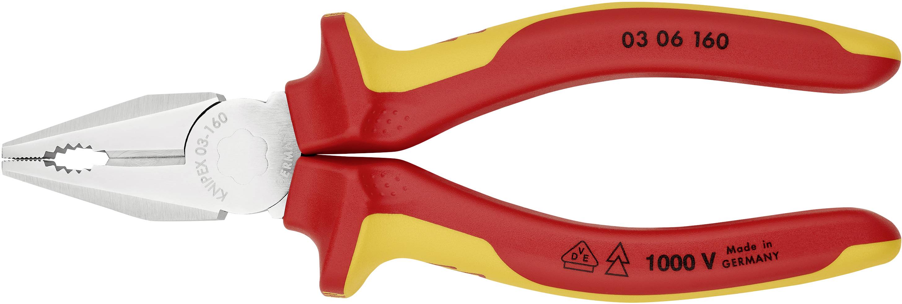 En röd och gul isolerad tång med texten '1000 V Made in Germany', lämplig för elarbeten.