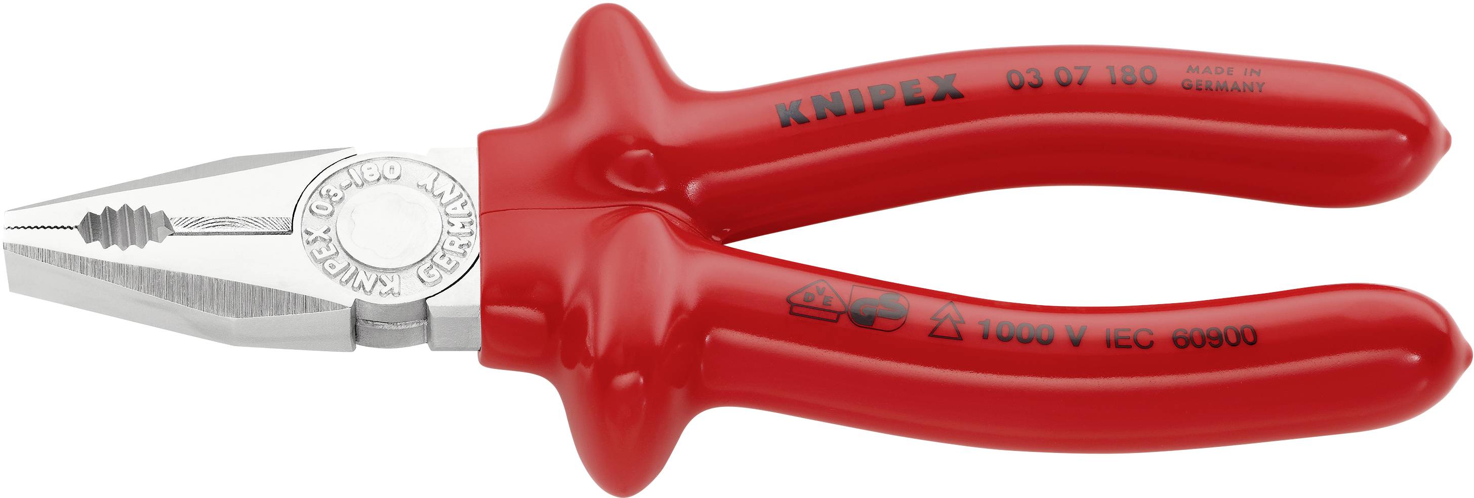 Röd kombinationstång från KNIPEX med isolerade handtag, lämplig för arbeten upp till 1000V. Markeringar för normer och storlekar är synliga.