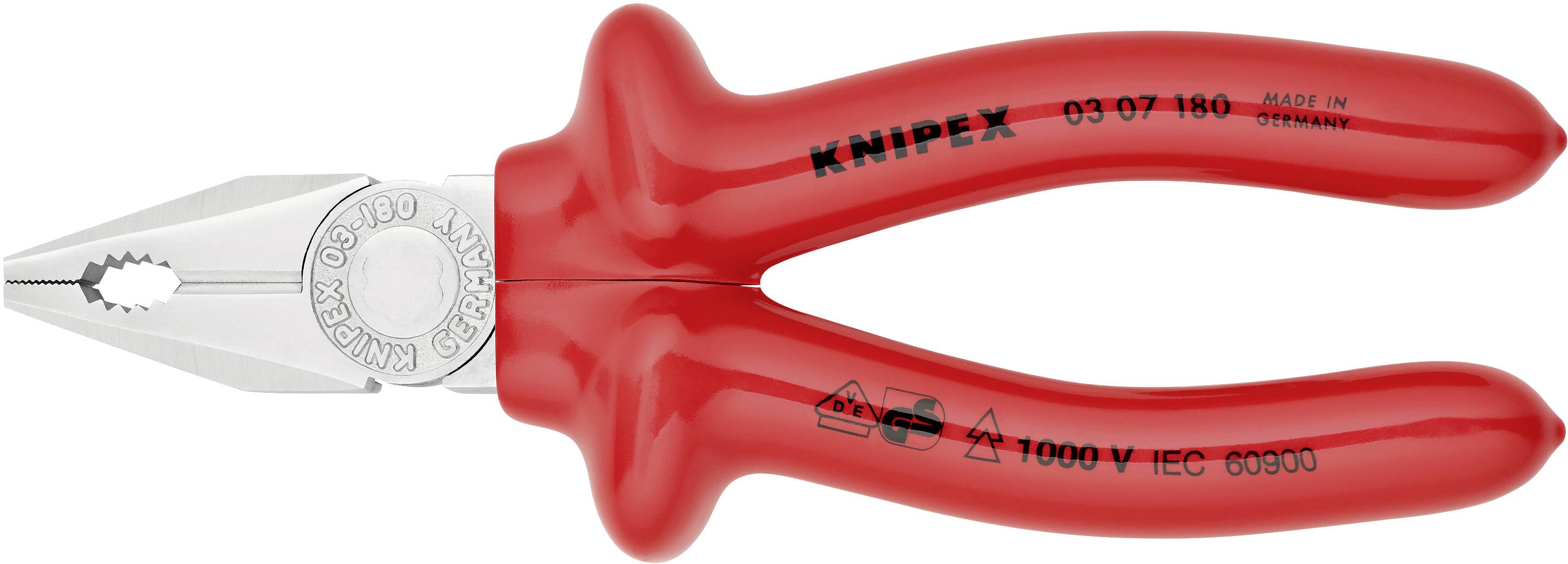 Röd KNIPEX kombinationstång, isolerad, lämplig för arbeten upp till 1000 V. Till vänster skärverktyget, med text och säkerhetsmarkeringar.