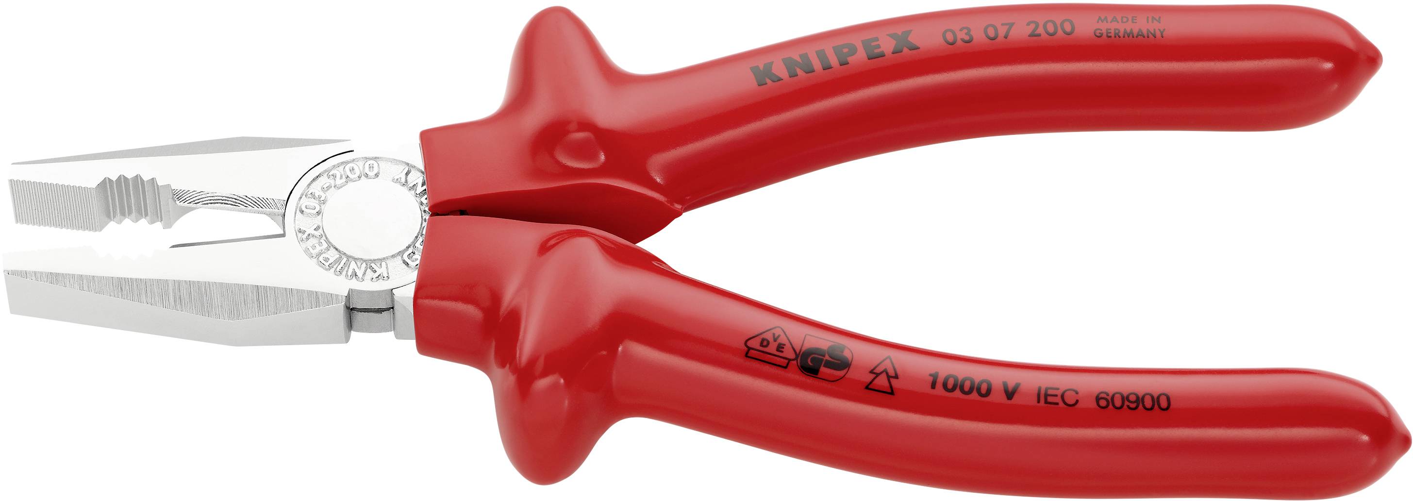 Röd isolerad avbitartång från Knipex med öppet käft, lämplig för spänningar upp till 1000V, med halksäkert grepp och robust design.