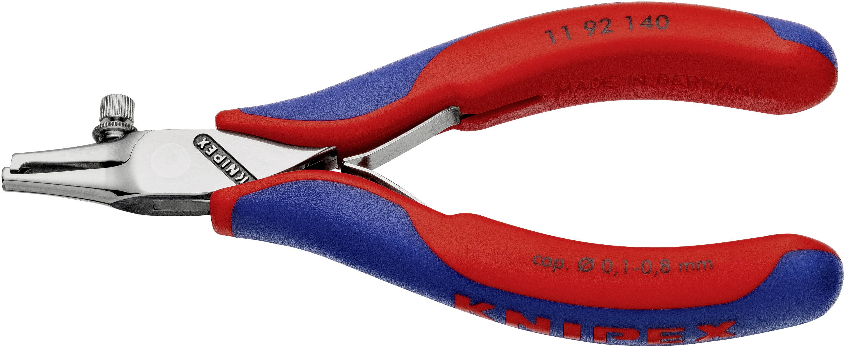Knipex-tång med röd-blå handtag och silverfärgat skärhuvud, påskrift 'Made in Germany', modellnummer '11 92 140'.