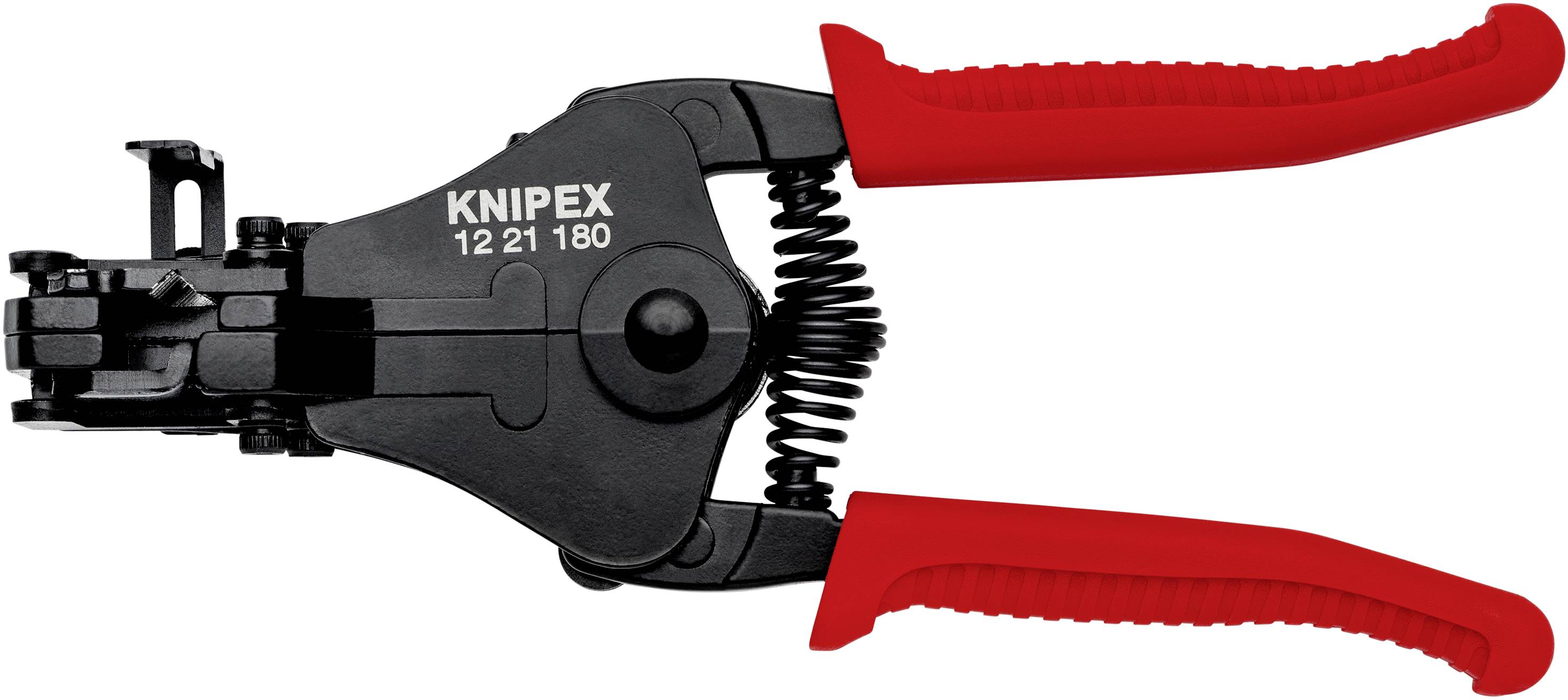 Tång från Knipex med röda handtag, modellnummer 12 21 180, i öppet läge, lämplig för att klippa och avmantla kablar.