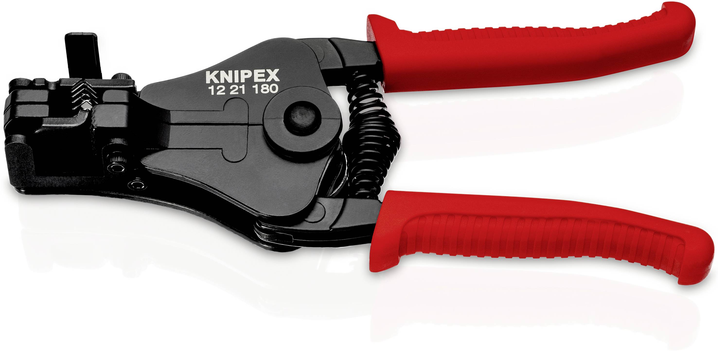 Tång med röda handtag, lämplig för skär- eller krymparbeten. På tången står 'Knipex 12 21 180'.