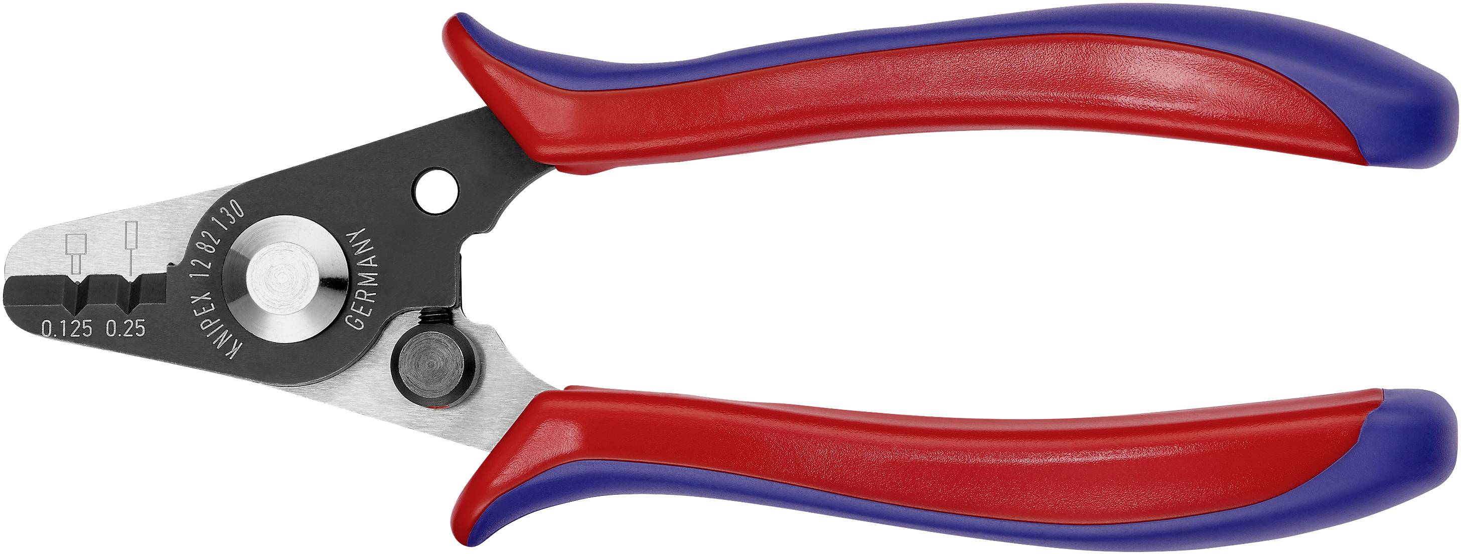 Avbitartång med röd och blå handtag, för avisolering av kablar. Lämplig för ledningar med diameter på 0,125 mm och 0,25 mm.
