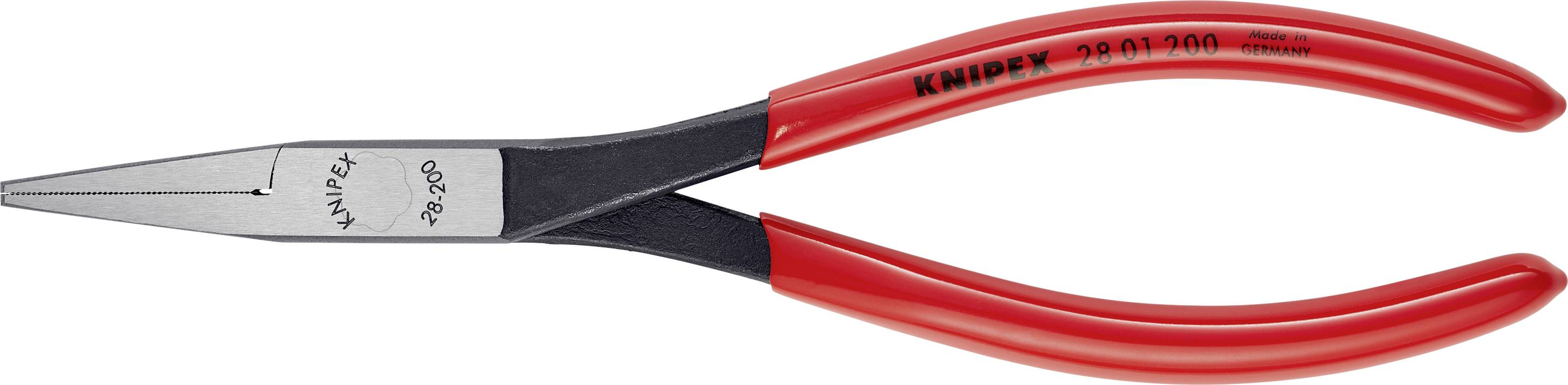 Röd rundtång med svart gripyta märkt 'Knipex 26 21 200'/ '70 200'. Lämplig för precisionsgrepp och klippning.